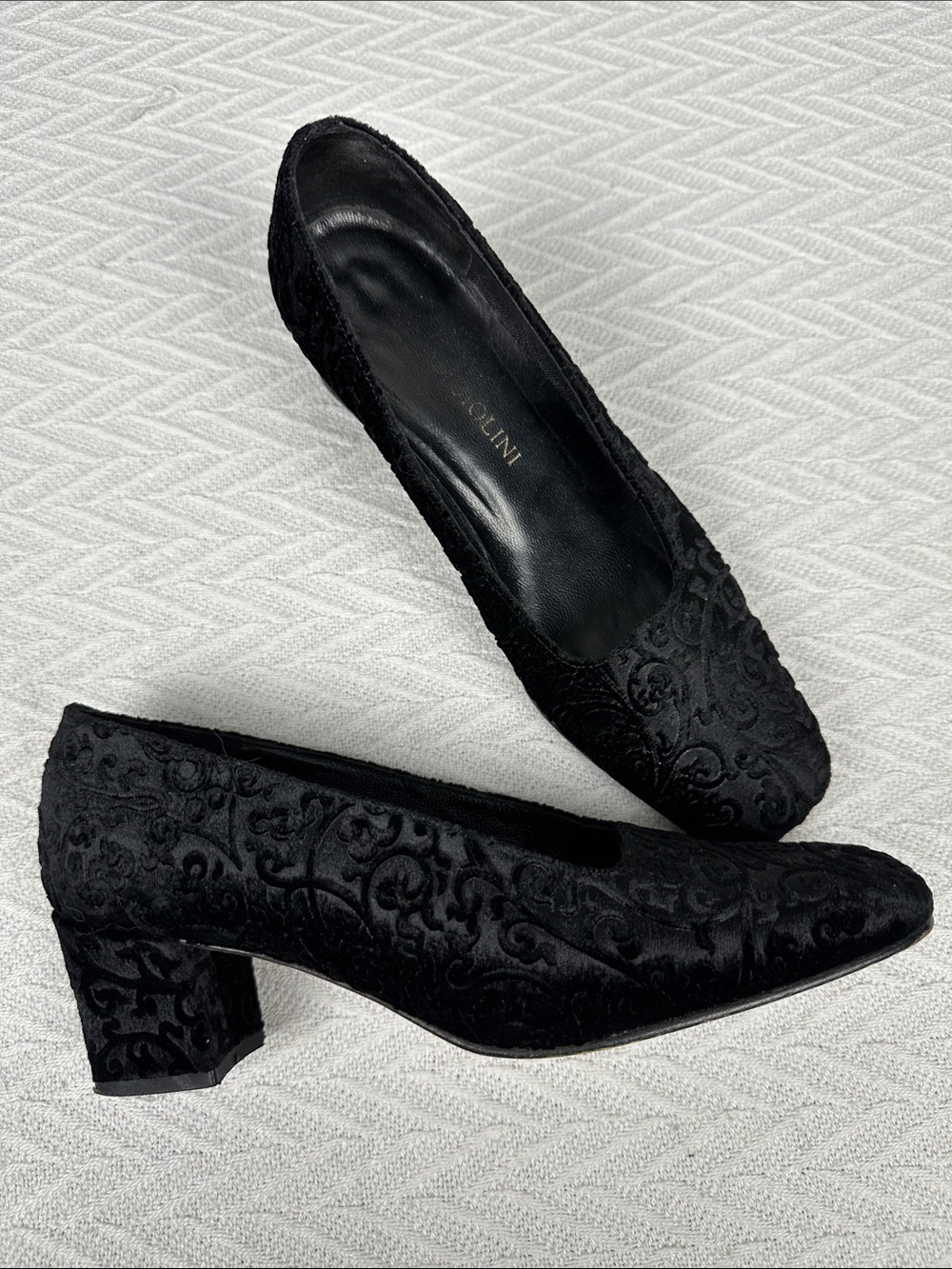 Black Velvet Burnout Floral Block Heels Square Toe Formal Dark Romantic Spain
